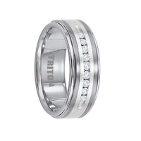 Reginald Flat Tungsten Carbide Wedding Band Satin Finished Silver Burgess Tungsten Wedding Band With Silver Inlay And 9 White Diamonds By Triton Rings 8mm