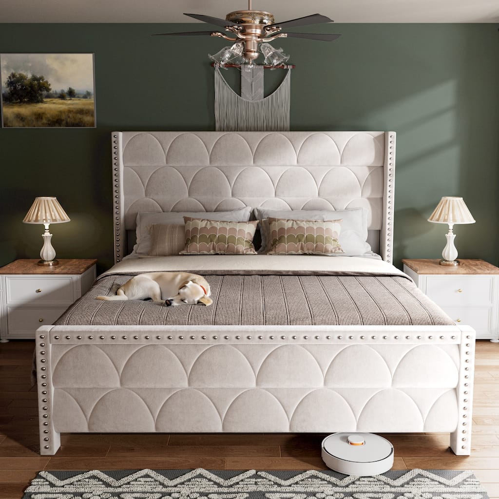 Hansabenne King Size Upholstered Platform Bed Frame Velvet Wood Bed Frame with Headboard