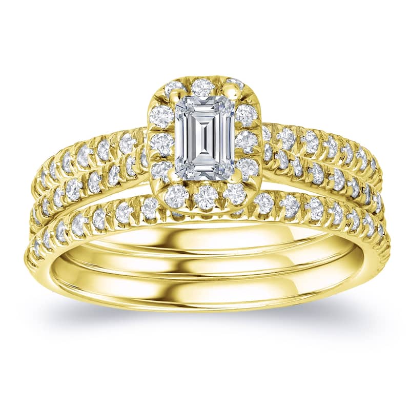 Auriya 1 1/4ctw Emerald-cut Halo Diamond Engagement Ring 3pc Set 14k Gold