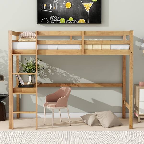 slide 2 of 33, Twin High Loft Bed, Rubber Wood Loft Bed With Safety Guardrail, Built-In Desk, Ladder Oak