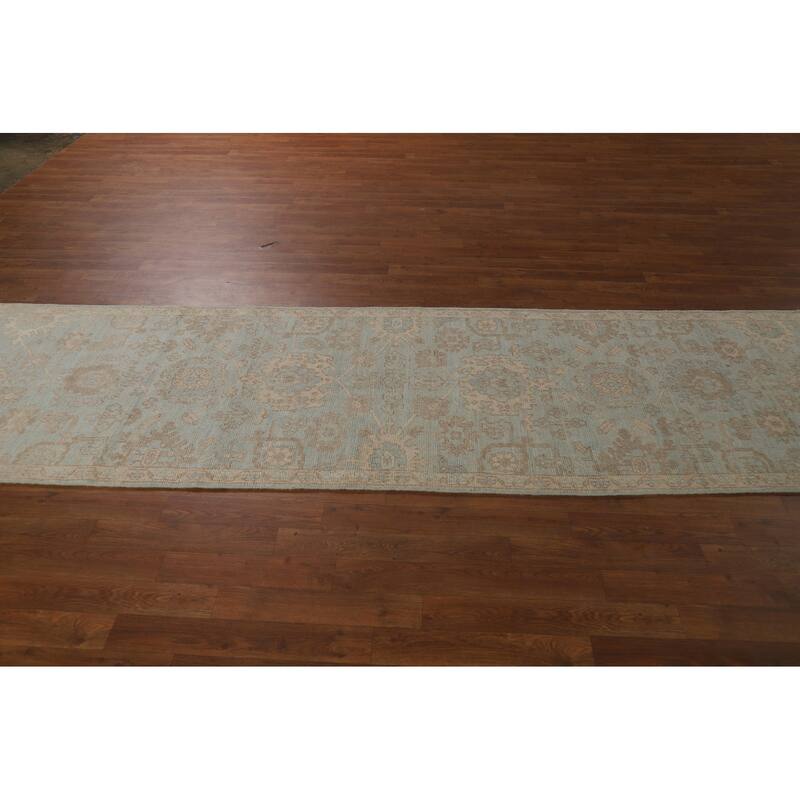 Vegetable Dye Oushak Turkish Runner Rug Handmade Blue Wool Carpet - 2'10" x 9'10"