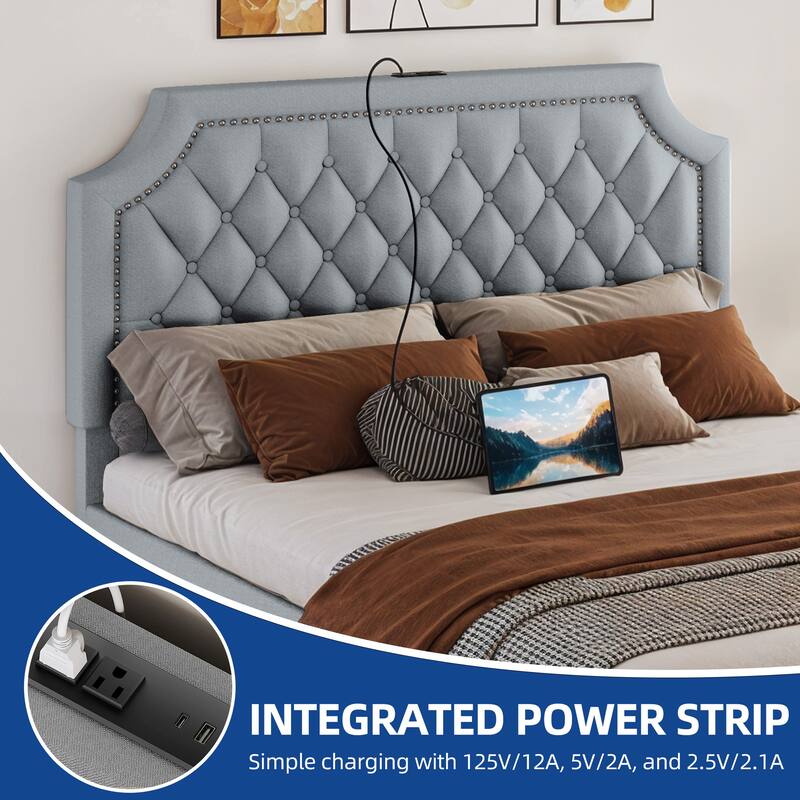 Moasis Velvet/Linen Upholstered Bedframe with Adjustable Headboard and 4 Storage Drawers