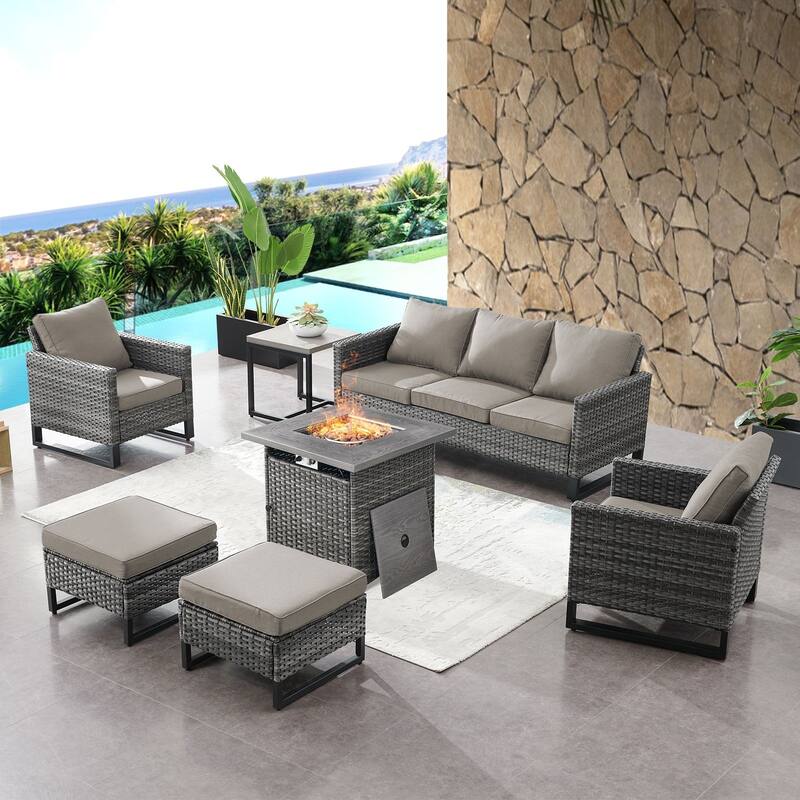 Pati Sofa with Fire Pit Table and Club Chairs, Side Table - Grey - Grey