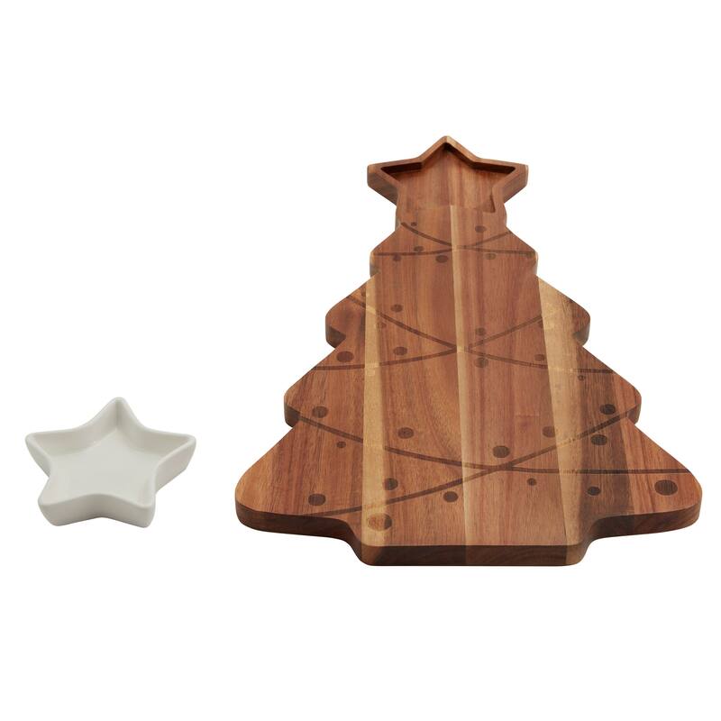 Tabletops Gallery Set of 2 Christmas Tree Acacia Wood Serving Board with Ceramic Bowl