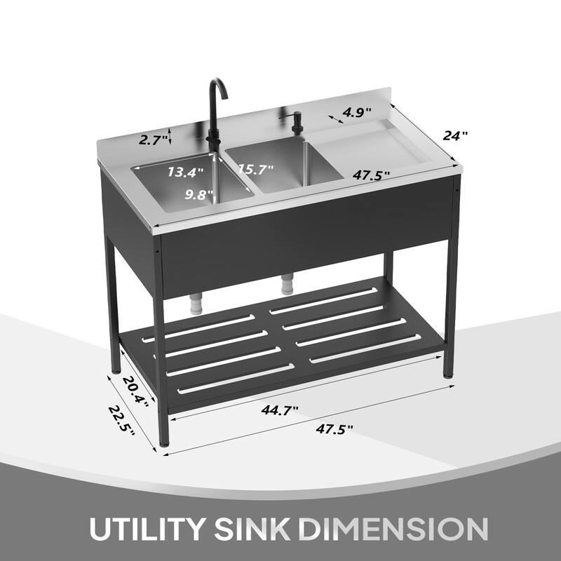 47.5 In.Heavy-Duty Freestanding Stainless Steel Double Bowl Utility Sink With Faucet