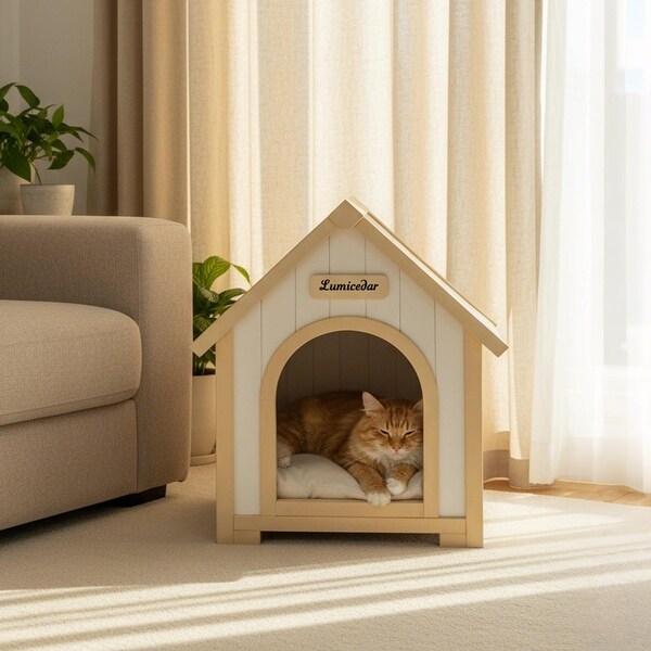 Modern Indoor Wooden Dog House with EVA Cushion, Solid Cedar Pet