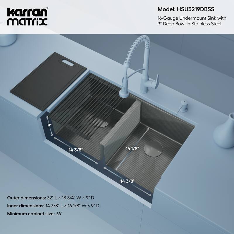 Matrix 32" Undermount Workstation 16 Gauge Double Bowl Stainless Steel Kitchen Sink with Accessories