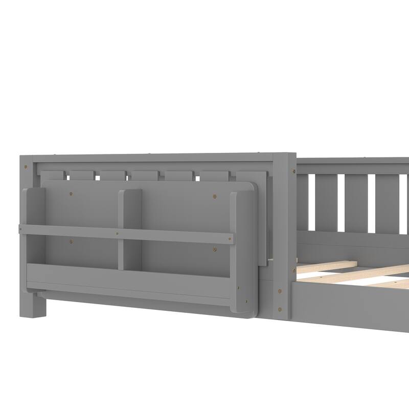 Montessori Floor Bed Low Profile Kids Bed with Rails & Bookshelf