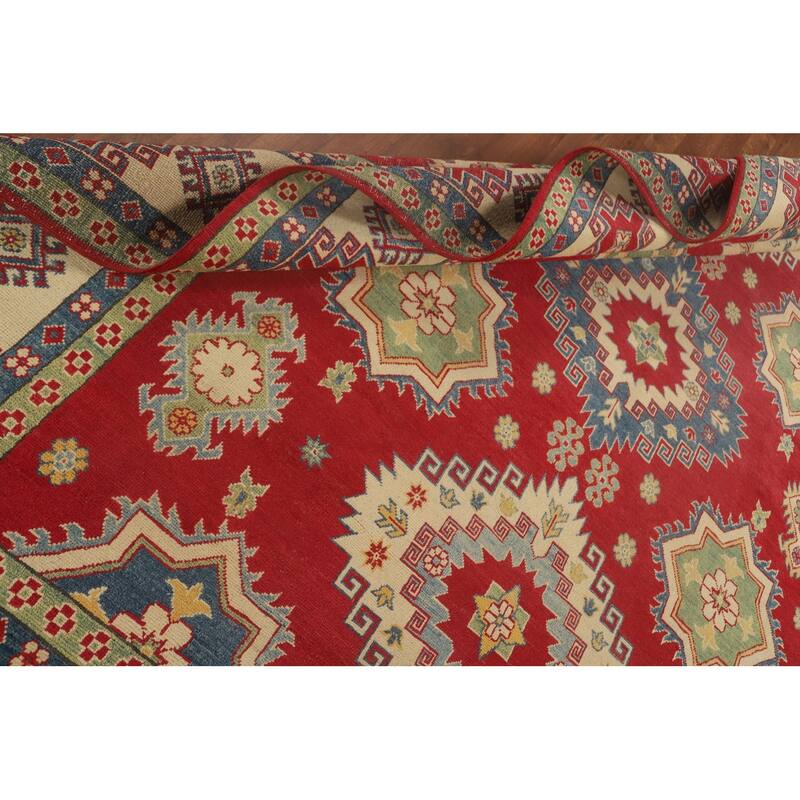 Geometric Kazak Area Rug Hand-Knotted Red Wool Carpet - 8'0" x 11'0"