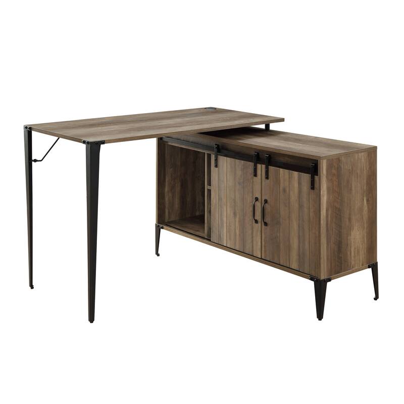Stylish L-Shaped Writing Desk in Gray Oak & Black or Rustic Oak & Black, with Sliding Barn Door and Metal Legs