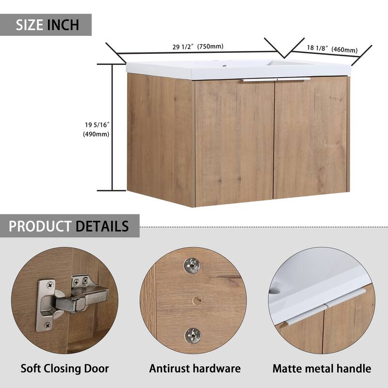 Modern Floating Bathroom Vanity with Single Resin Sink, Soft-Close Doors, Ample Storage, and Luxury Metal Handles