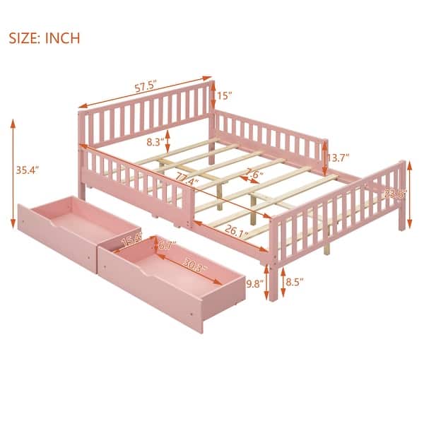Full Size Kids Storage Bed Simple Platform Bed Wood Bed Frame with Sides Guardrails, 2 Storage Drawers, Pinewood Slat
