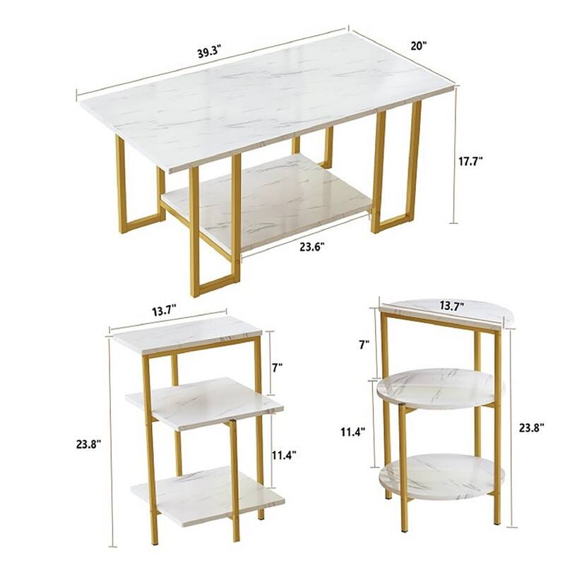 3 Pieces Faux Marble Coffee Table Set with 1 Coffee Table and 2 End Tables, Modern Sofa Side Table with Shelf, Cocktail Table