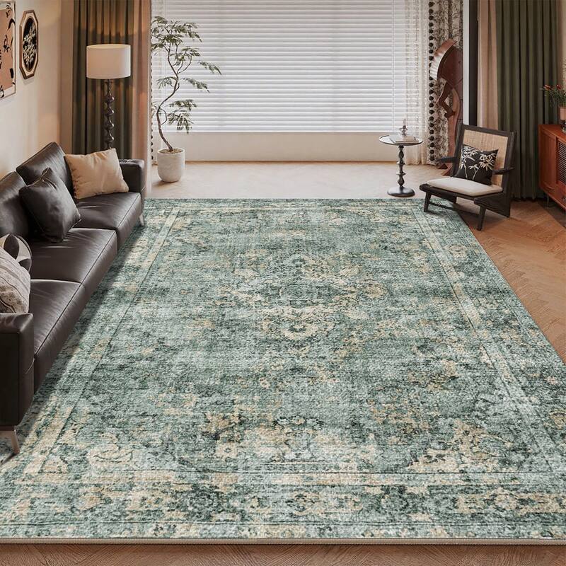 7FT x 5FT Vintage Bohemia Cotton Area Rug with Non-Slip TPR Backing for Indoor Living Room and Entryway - 6' x 7' - Green