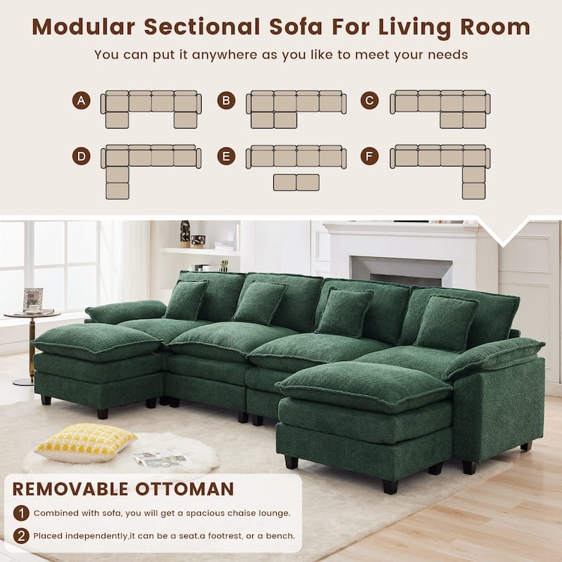 Modular Chenille Sectional Sofa with Ottomans, Deep Seat, Wide Padded Armrests, 2-Seat / 3-Seat / 4-Seat Options