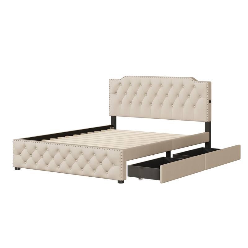 Queen Linen Upholstered Platform Bed with Tufted Headboard, 2 Drawers