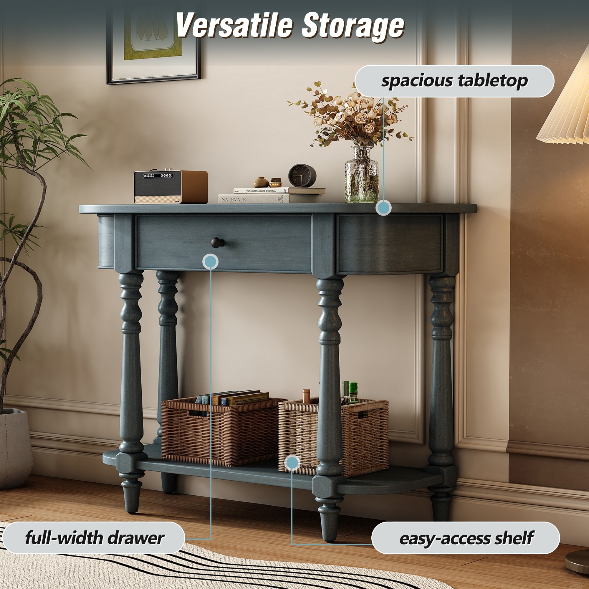 Retro Narrow Console Table with Curved Corner, Top Drawer & Open