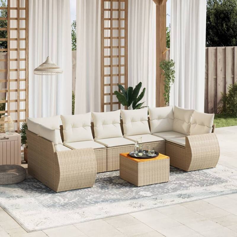 vidaXL Patio Sofa Set with Cushions Outdoor Furniture 8 Piece Poly Rattan - 24.4 x 27.6 x 27.2 - Beige and Cream