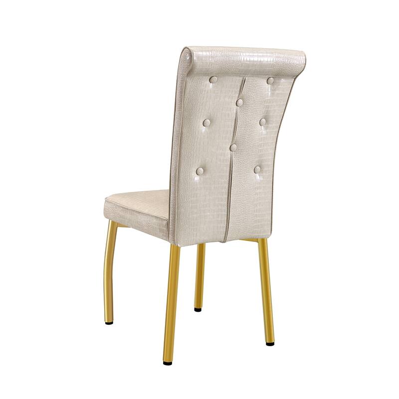 A set of 2 vintage crocodile leather cushioned dining chairs, featuring crystal clasp design and artificial leather design