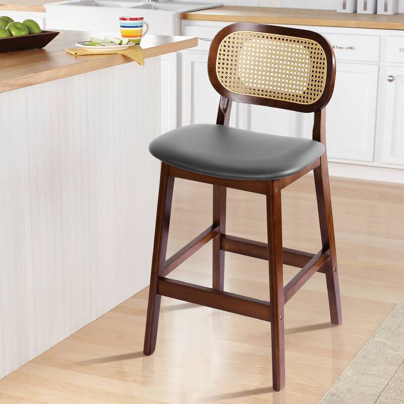 Wood Upholstered Counter Height Bar Stools with Rattan Back - 36.81"H x 17.72"W x 18.7"D