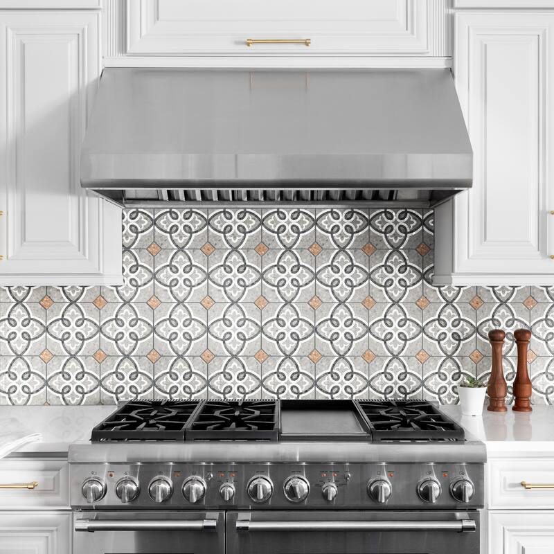 Merola Tile Riviera Octagon Garde Gris with Taco Rojizo 7-7/8" x 7-7/8" Porcelain Floor and Wall Tile - Case (50 Tiles)