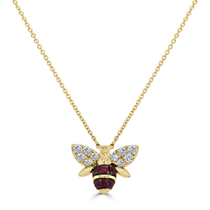 Joelle Collection Ruby & Diamond Bee Necklace 14K Gold - Red - Adjustable Length - Ruby - Yellow
