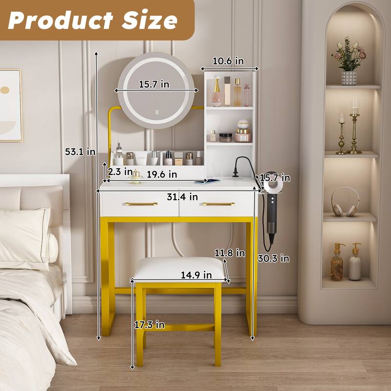 Vanity Desk with LED Mirror & Stool, Makeup Vanity Table with Power Outlet, Drawer & Open Shelves, Small Dressing Table Set