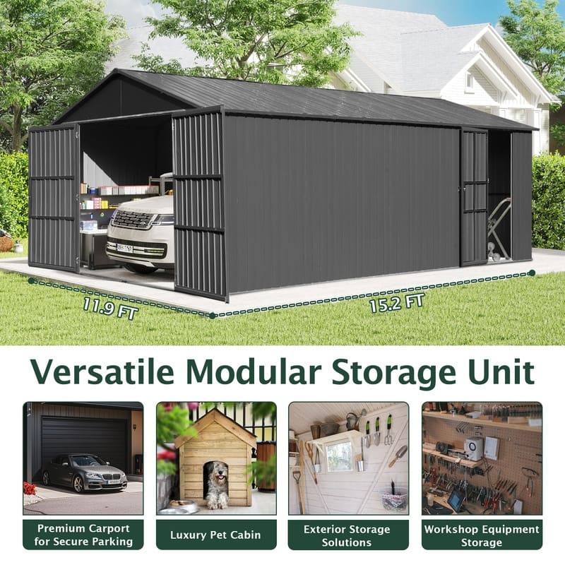Domi 12x15FT Outdoor Metal Garage Shed,Extra Large Metal Carport with Lockable Double Doors,Heavy Duty Car Shelter,Dark Grey