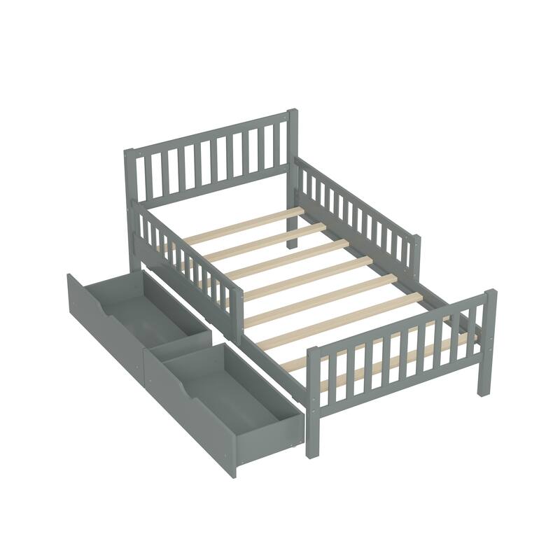 Wooden Platform Bed Underbed Storage Bed with Sides Guardrails Spindle Headboard and 2 Drawers 8.98 inch Storage Underneath