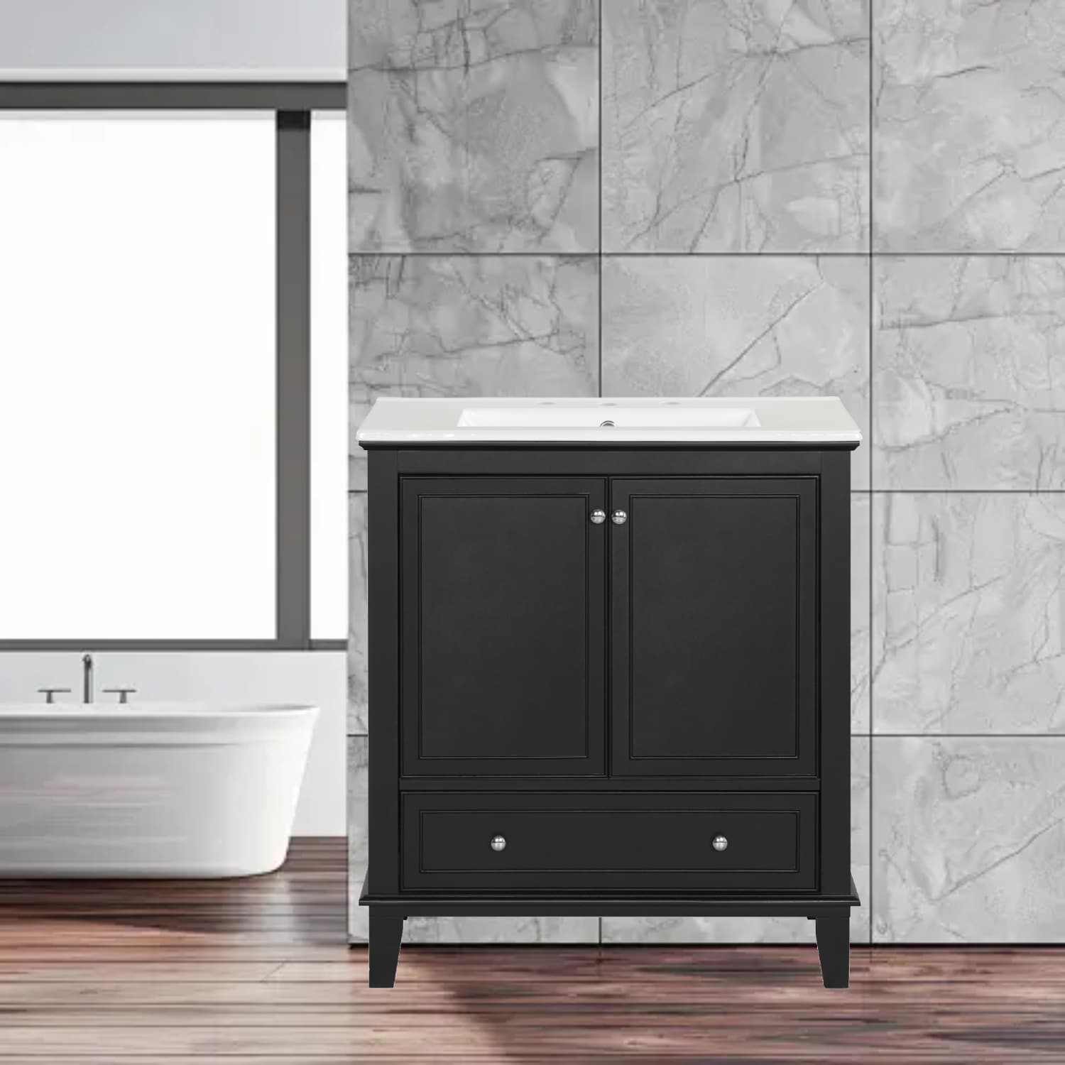 Modern 30" Bathroom Vanity with Ceramic Sink, Multi-functional Cabinet with Doors & Drawer, Solid Wood Frame