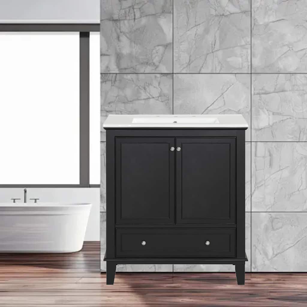 Modern 30" Bathroom Vanity with Ceramic Sink, Multi-functional Cabinet with Doors & Drawer, Solid Wood Frame