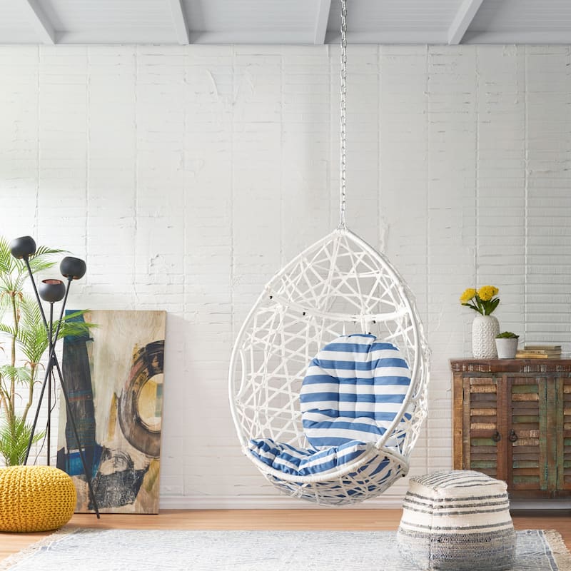 Teardrop Rattan Wicker Basket Swing Chair with Water-Resistant Cushions & Suspension Chain Hanging Chair Egg Chair