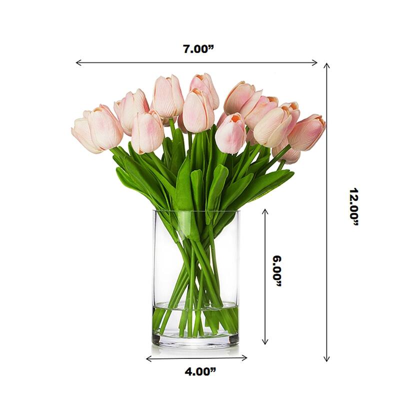 Enova Home 20 Pieces Artificial Real Touch Tulips Fake Silk Flowers Arrangement in Glass Vase with Faux Water for Home Decor