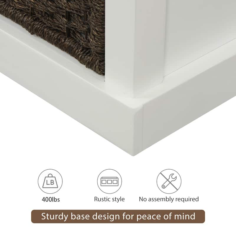 Rustic Storage Bench with 3 Removable Rattan Baskets and Cushion, Entryway Bench with MDF Frame, No Assembly Required