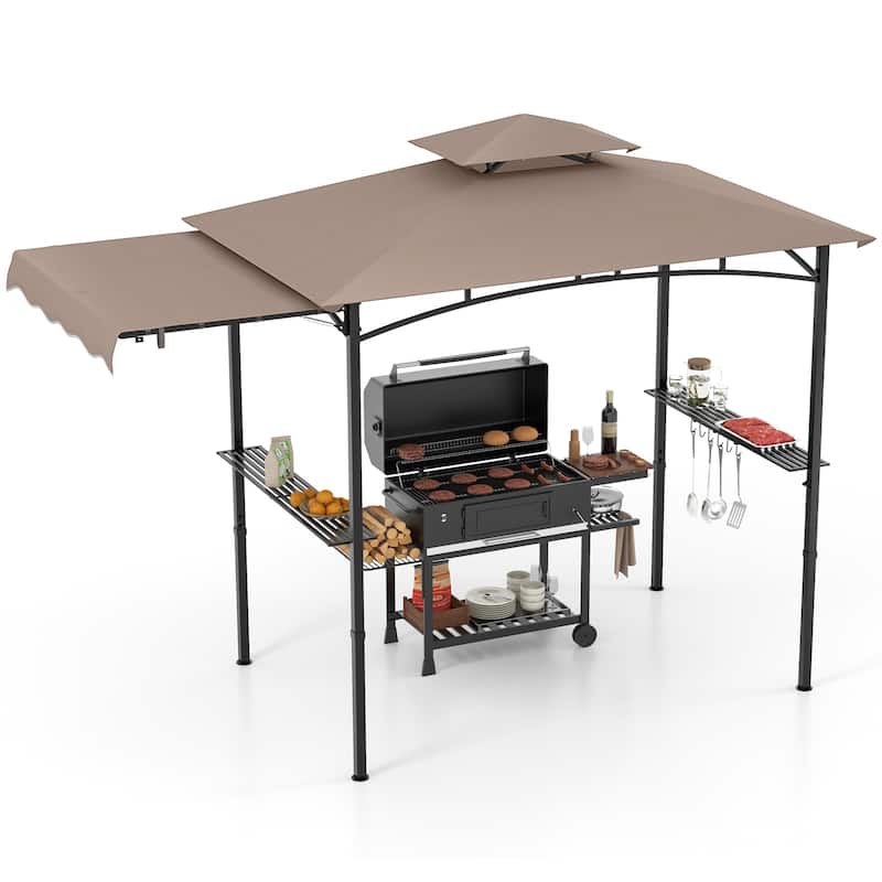 11 x 5 Feet Outdoor BBQ Shelter with Vented Canopy and Side Awning Hanging Hooks and Metal Frame Base