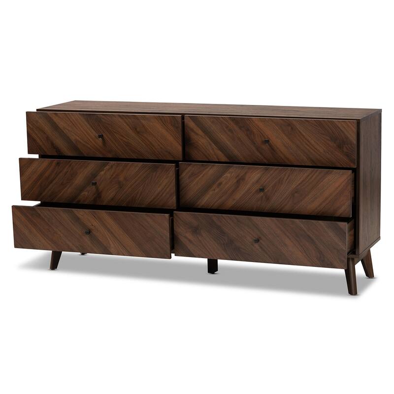 Mid-Century Walnut Brown 6-Drawer Dresser with Tapered Legs, Smooth Glide Drawers, and Sleek Retro Modern Style