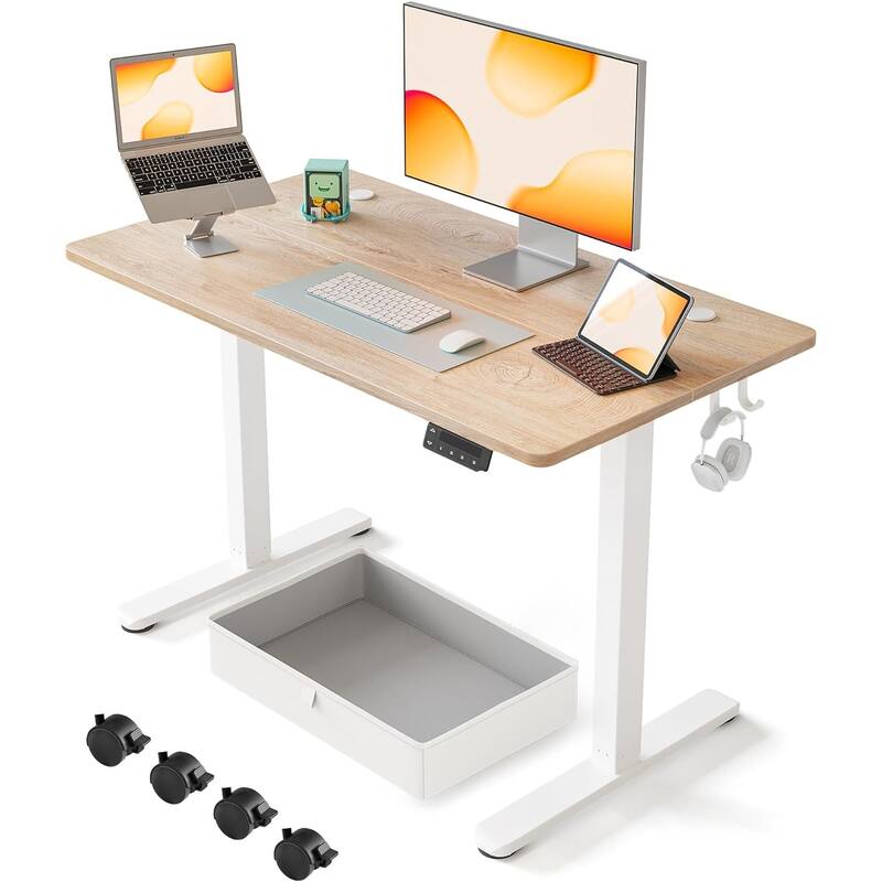 FEZIBO Standing Desk with Drawer, Adjustable Height Electric Stand up Desk with Storage, Sit Stand Home Office Desk