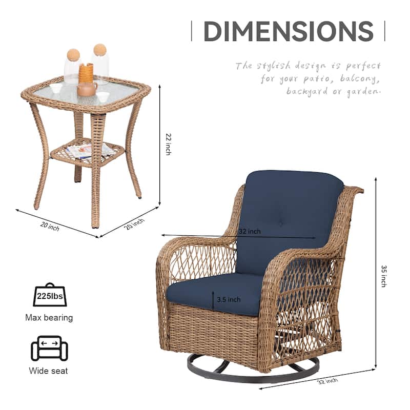 COZYWOR 3-Piece Yellow Wicker Outdoor Patio Swivel Rocking Chair