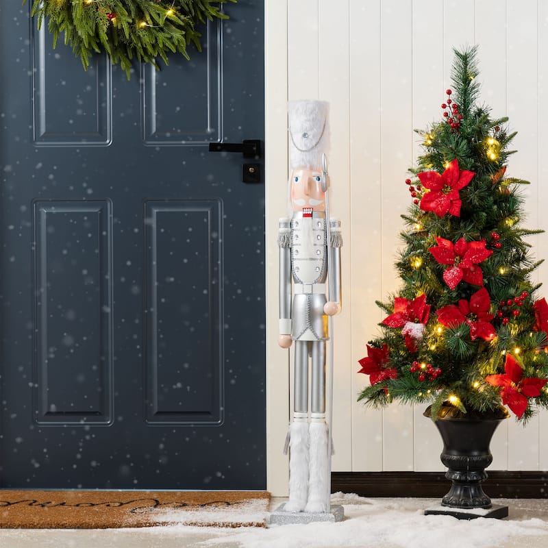 Glitzhome 42"H Wooden Happy Hanukkah Blue Silver Dressed King Soldier Nutcracker Xmas Gifts