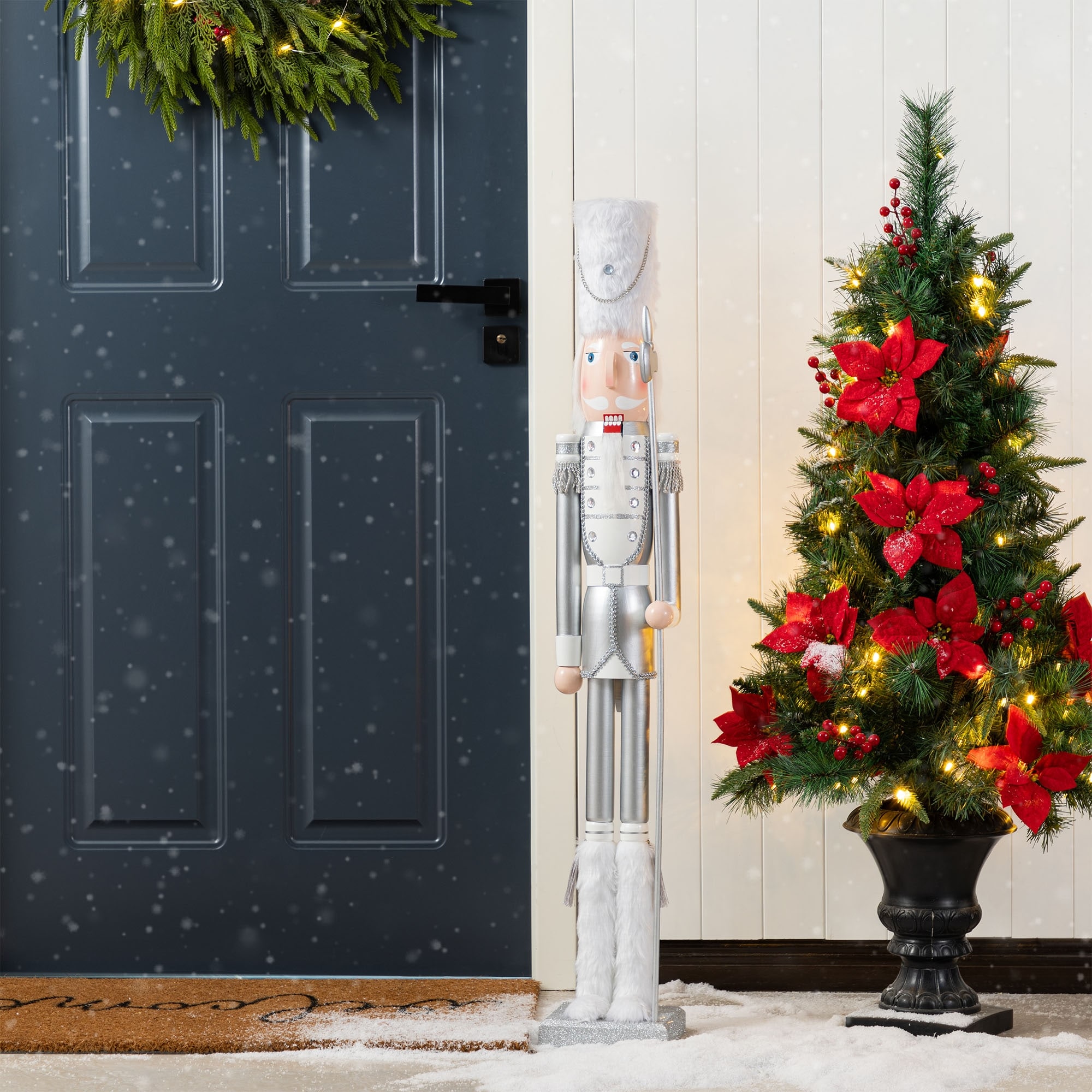 Glitzhome 42"H Wooden Happy Hanukkah Blue Silver Dressed King Soldier Nutcracker Xmas Gifts