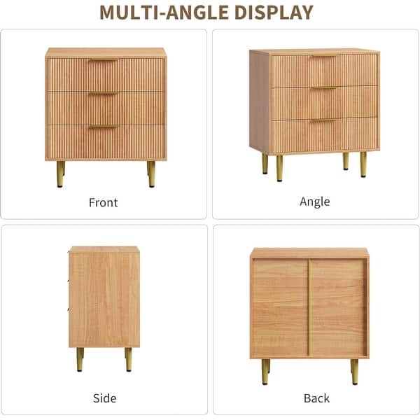 dimension image slide 9 of 15, Modern Natural Wood Color Fluted Dresser, Wooden Chest with Gold Metal Handles & Legs