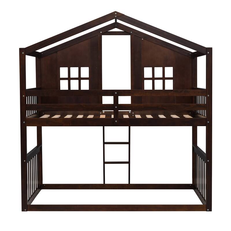 Full Size Loft Bed with Playhouse Design, Built-in Desk and Shelves