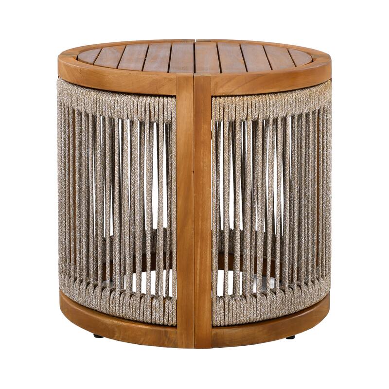 16.9" Acacia Wood Outdoor Side Table - Handwoven Rope Accent Boho Patio Table with All-Weather Durability