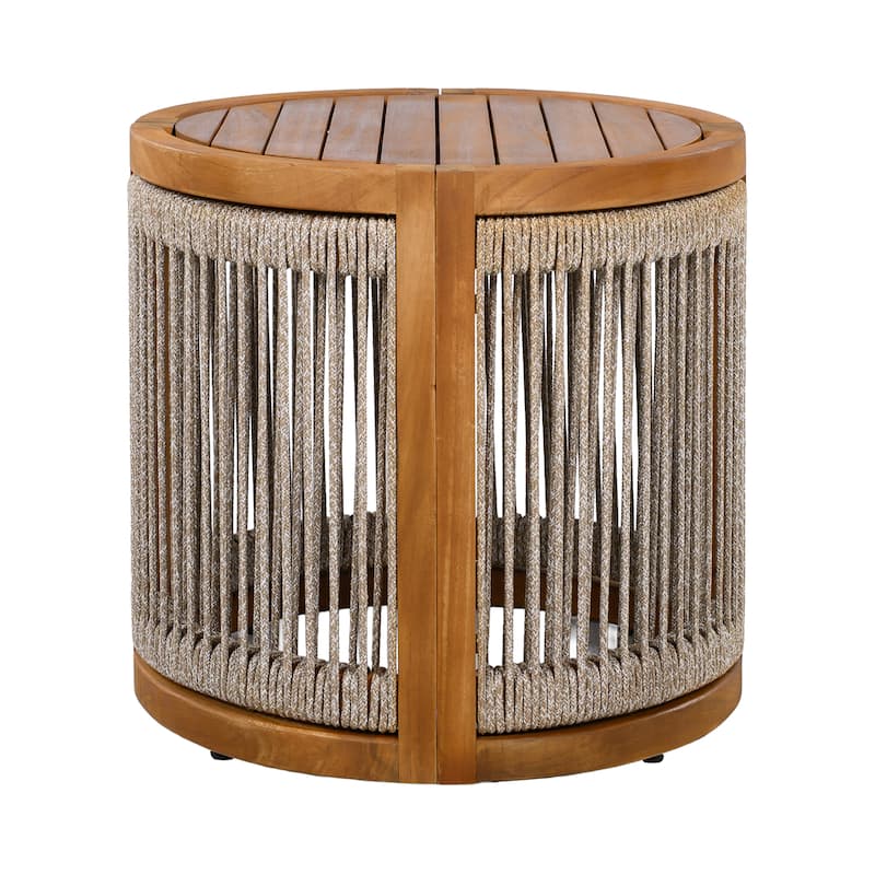 Roomfitters 16.9" Round Acacia Wood Outdoor Side Table, Handwoven Rope Accent Patio End Table, Teak