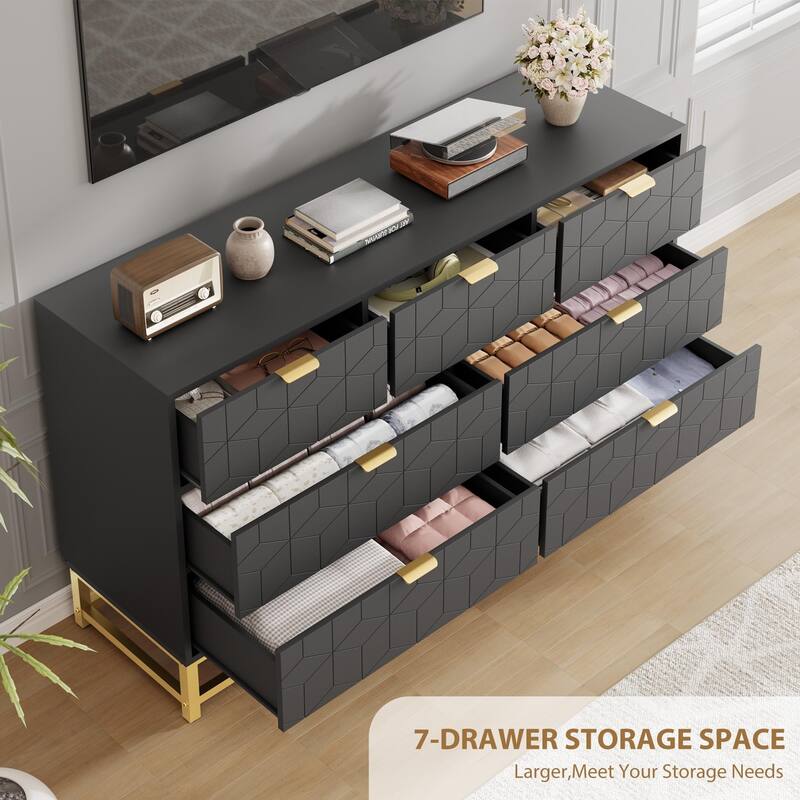 53.5" Wide 7-Drawer Dresser with Gold Metal Handles & Legs, Modern Storage Organizer for Bedroom or Hallway