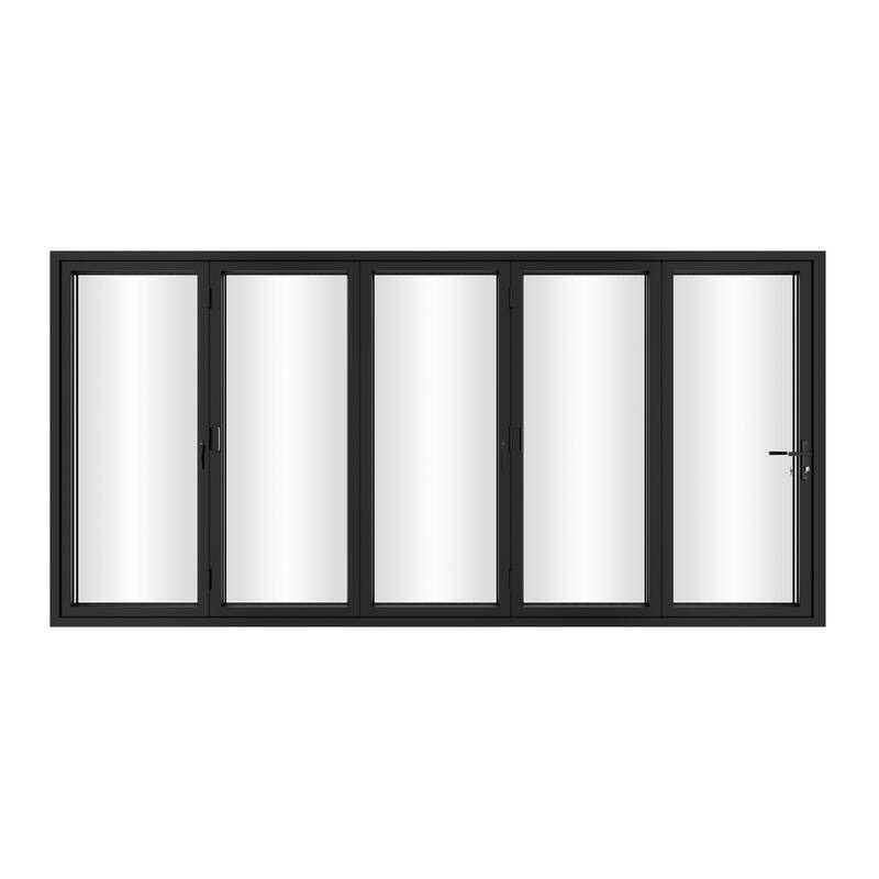 KaMic 168"×80" 5 Panels Aluminum Folding Door In Black,Folded Out From Left To Right Model #:FD5PBK16880-LR