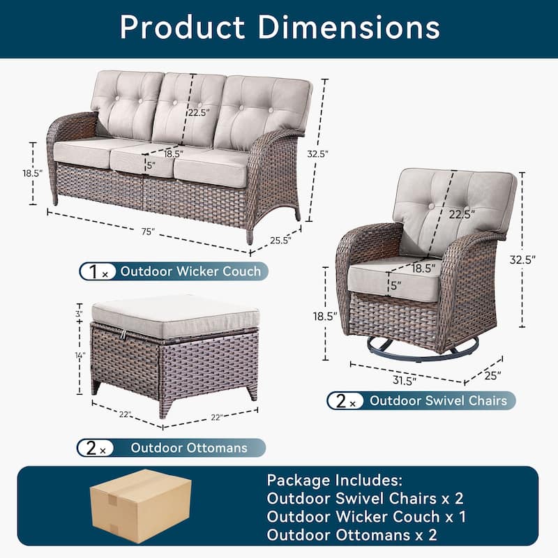 5 Pieces Pocassy Sofa Ottoman with Swivel Chairs