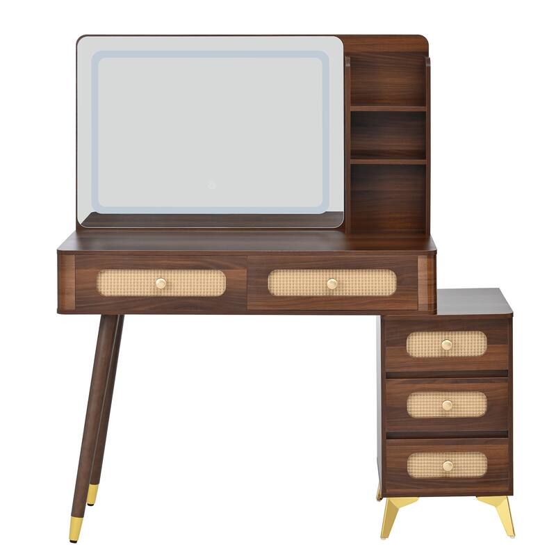 Retro Rattan Makeup Vanity Desk with 5 Drawers and Storage Shelf, Dressing Table with Rectangular Mirror and Touch Light