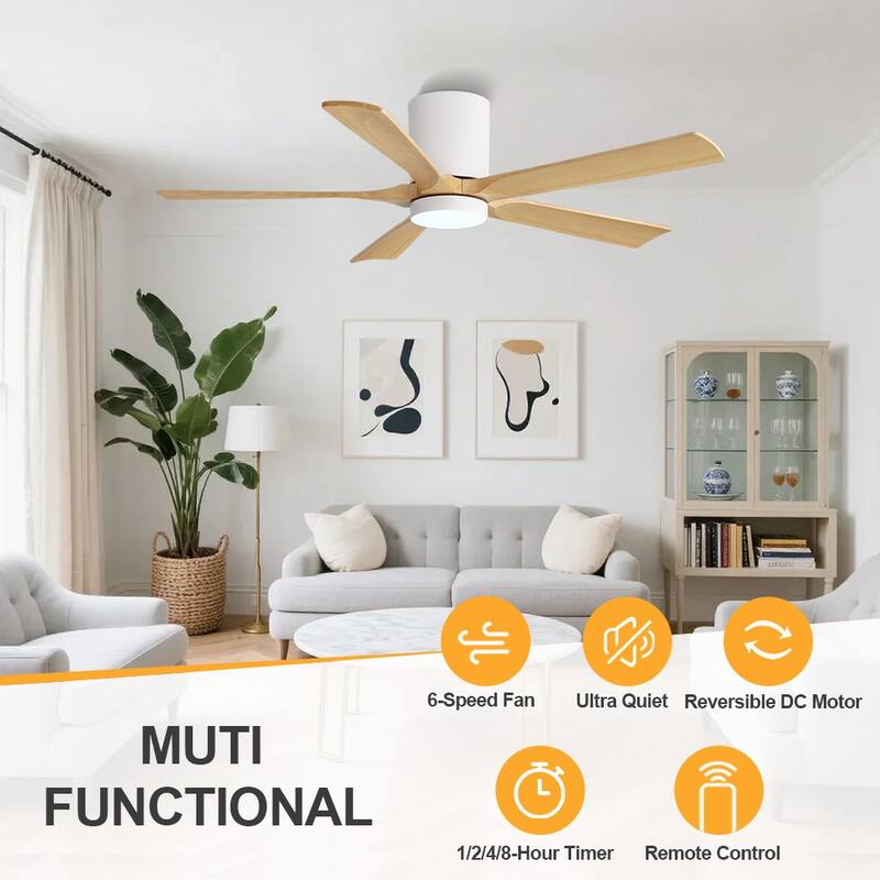 WINGBO 52" Solid Wood DC Motor Integrated LED Hugger Ceiling Fan with Remote