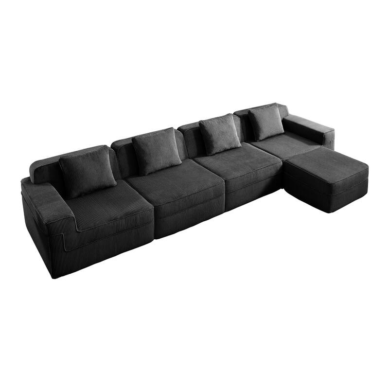GDFStudio - Corduroy Modular 4-Seater 153.5" L-Shaped Boneless Cloud Sofa with Ottoman
